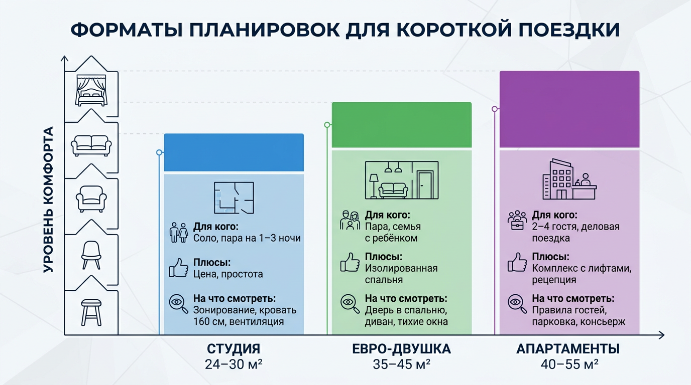 Планировка и метраж: студия, евро‑двушка или апартаменты